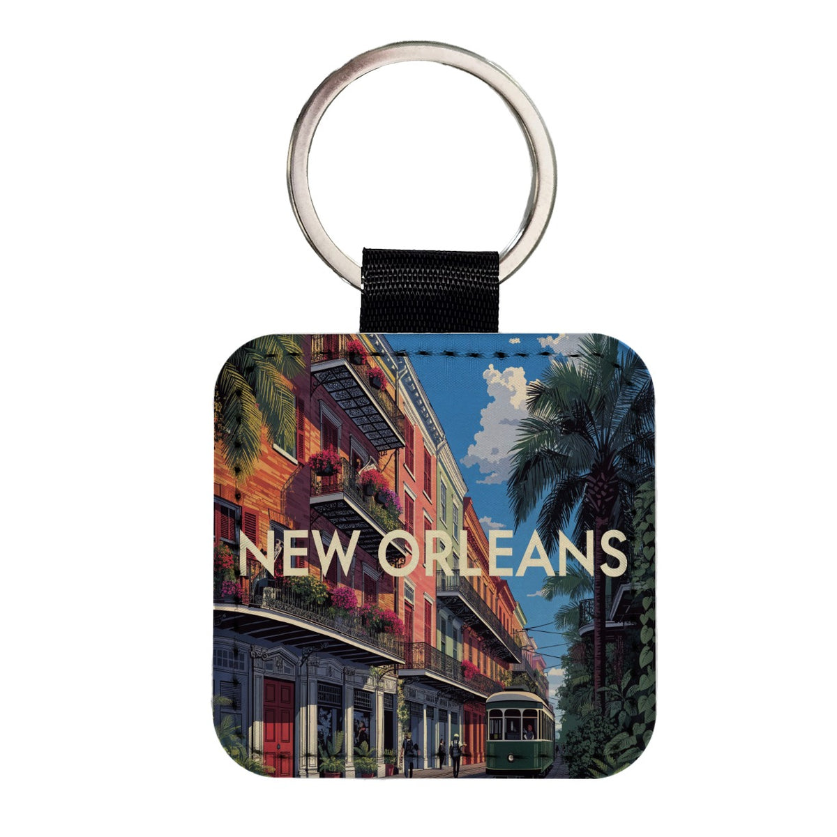 New Orleans Louisiana Travel Square Faux Leather Keychain