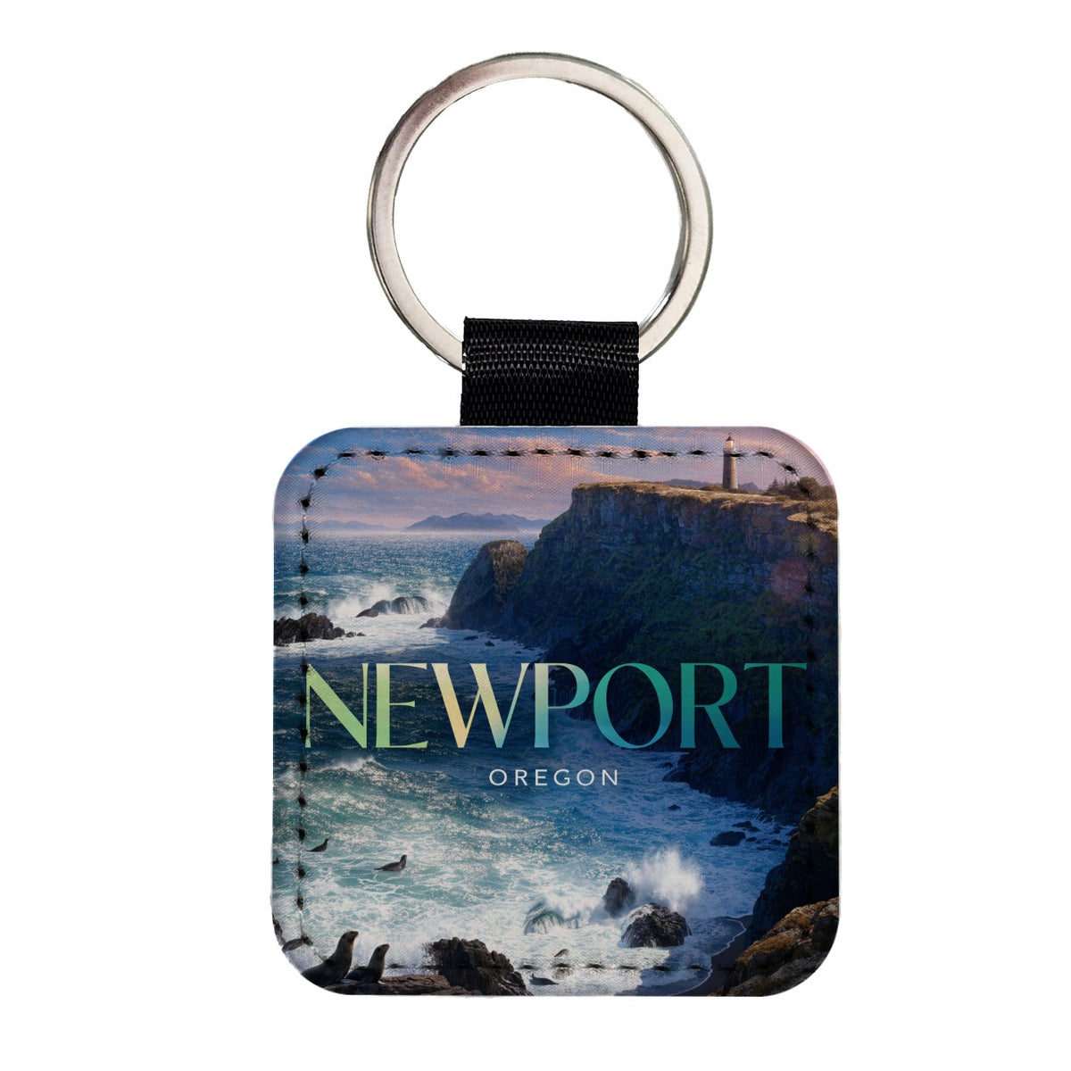 Newport Oregon Travel Square Faux Leather Keychain