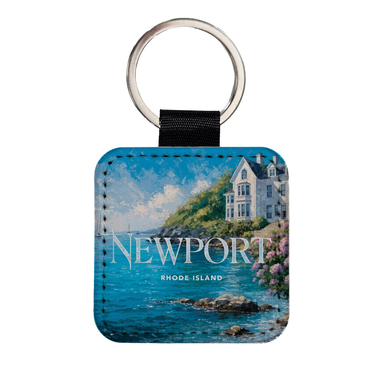 Newport Rhode Island Travel Square Faux Leather Keychain
