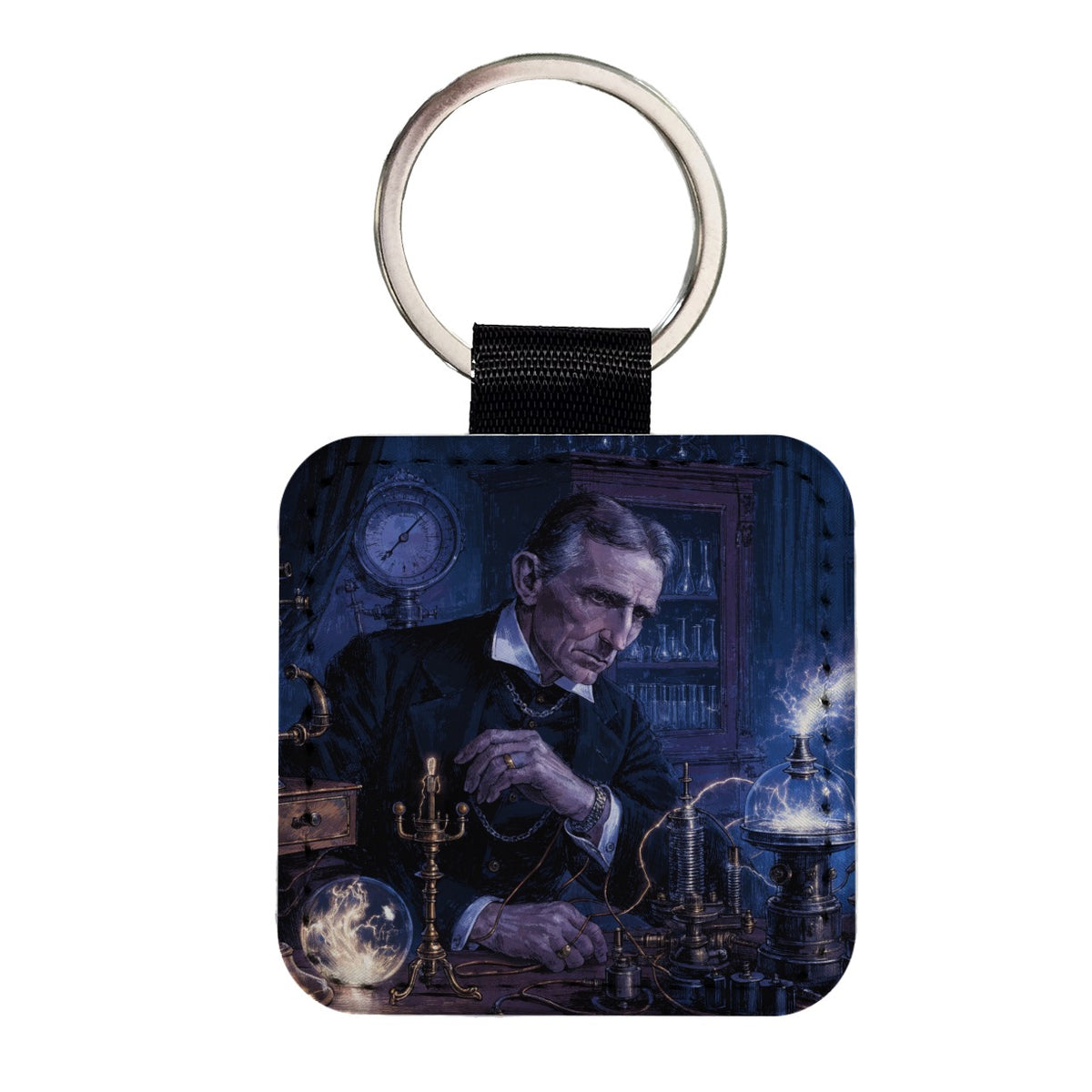 Nikola Tesla Inventor Square Faux Leather Keychain
