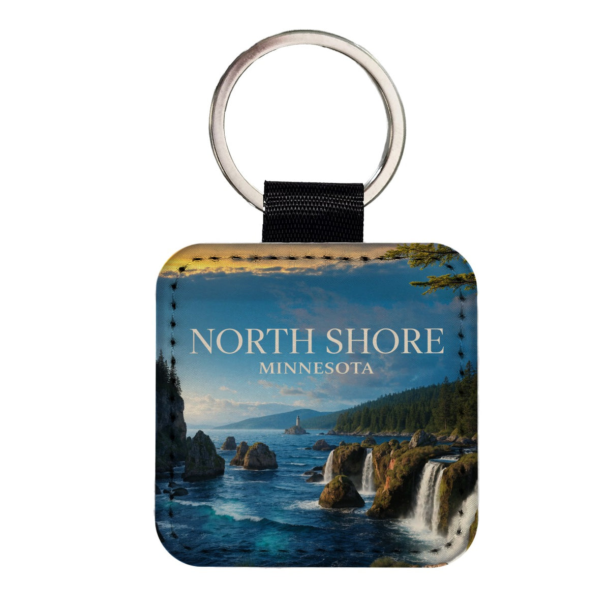 North Shore Minnesota Travel Square Faux Leather Keychain