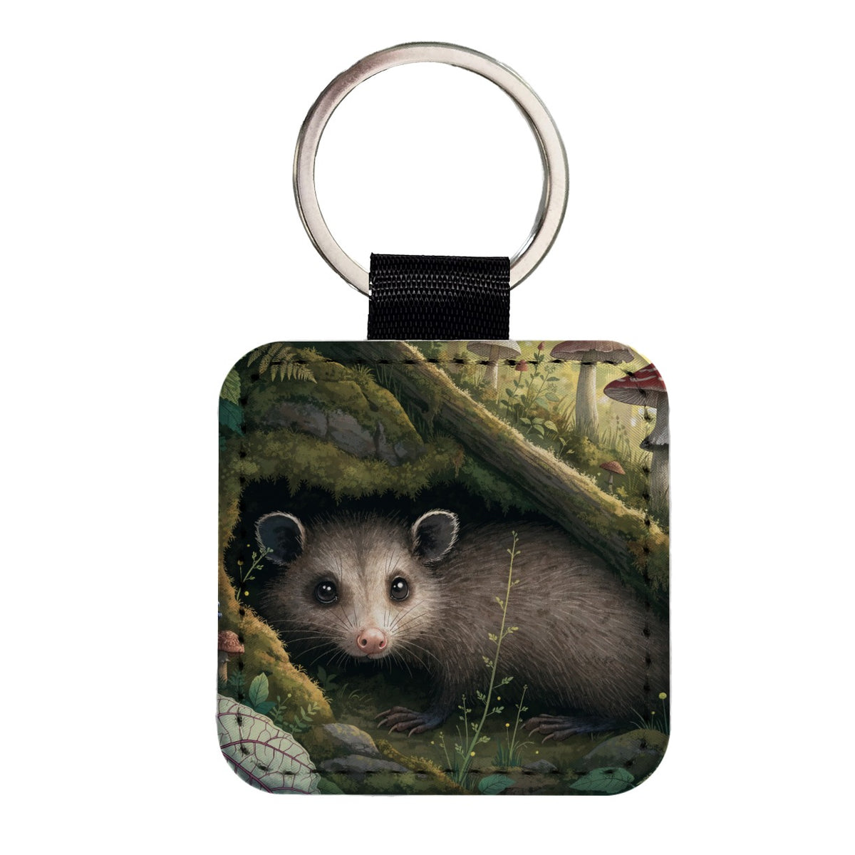 Opossum Woodland Garden Square Faux Leather Keychain