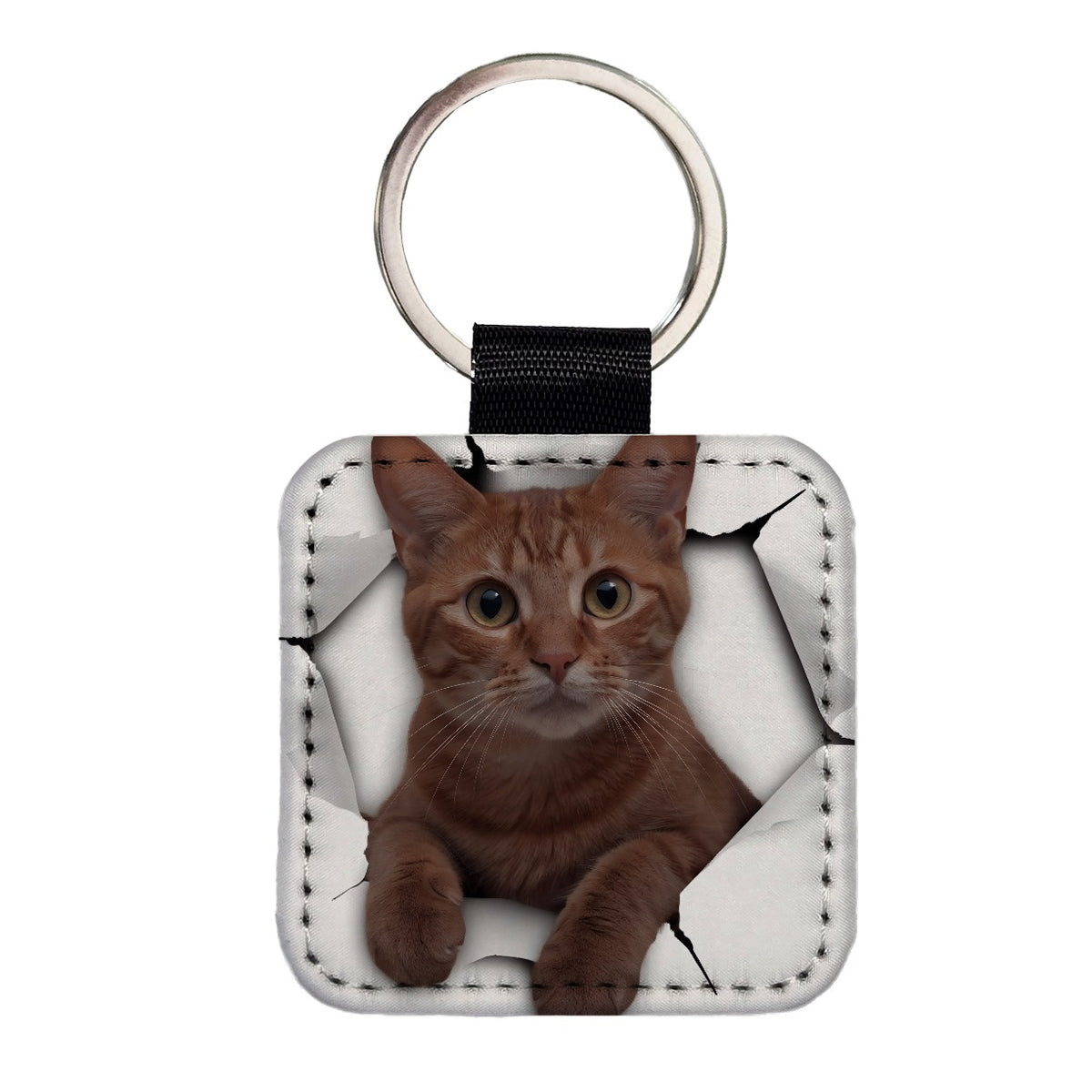 Orange Cat Breakout Square Faux Leather Keychain