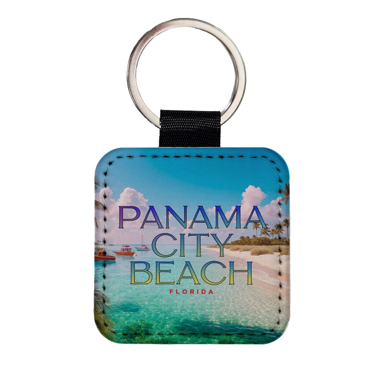 Panama City Beach Florida Travel Square Faux Leather Keychain