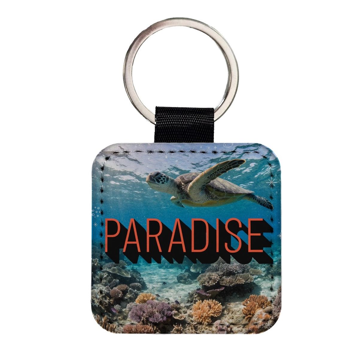 Paradise Ocean Swimming Turtle Square Faux Leather Keychain
