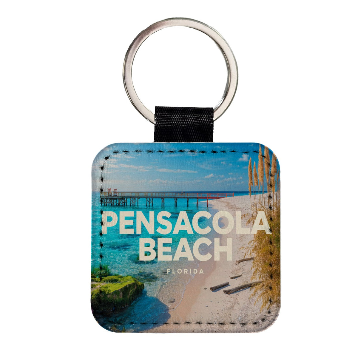 Pensacola Beach Florida Travel Square Faux Leather Keychain