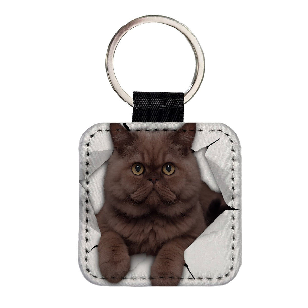 Persian Cat Breakout Square Faux Leather Keychain