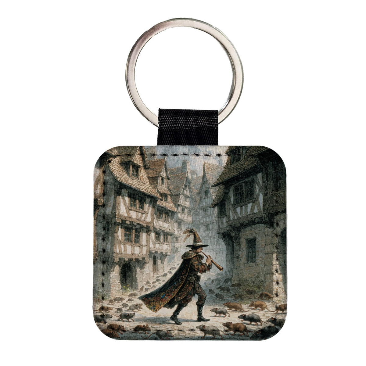 Pied Piper Fairy Tale Square Faux Leather Keychain