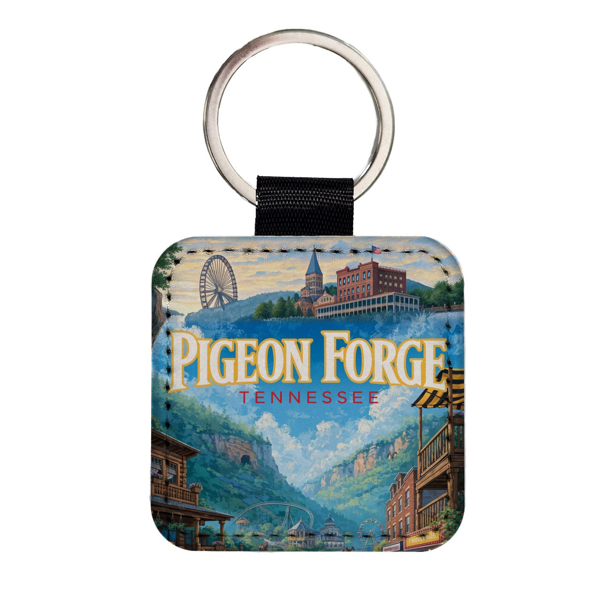 Pigeon Forge Tennessee Travel Square Faux Leather Keychain