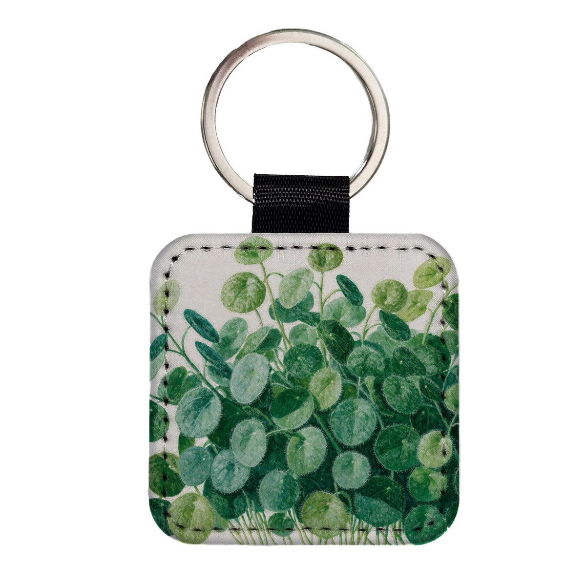 Pilea Chinese Money Plant Square Faux Leather Keychain