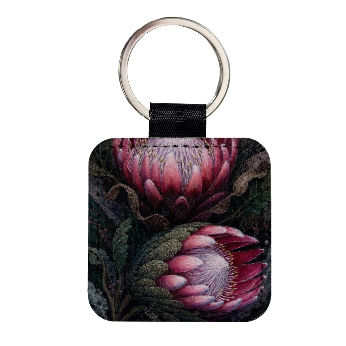 Pink Protea Botanical Square Faux Leather Keychain