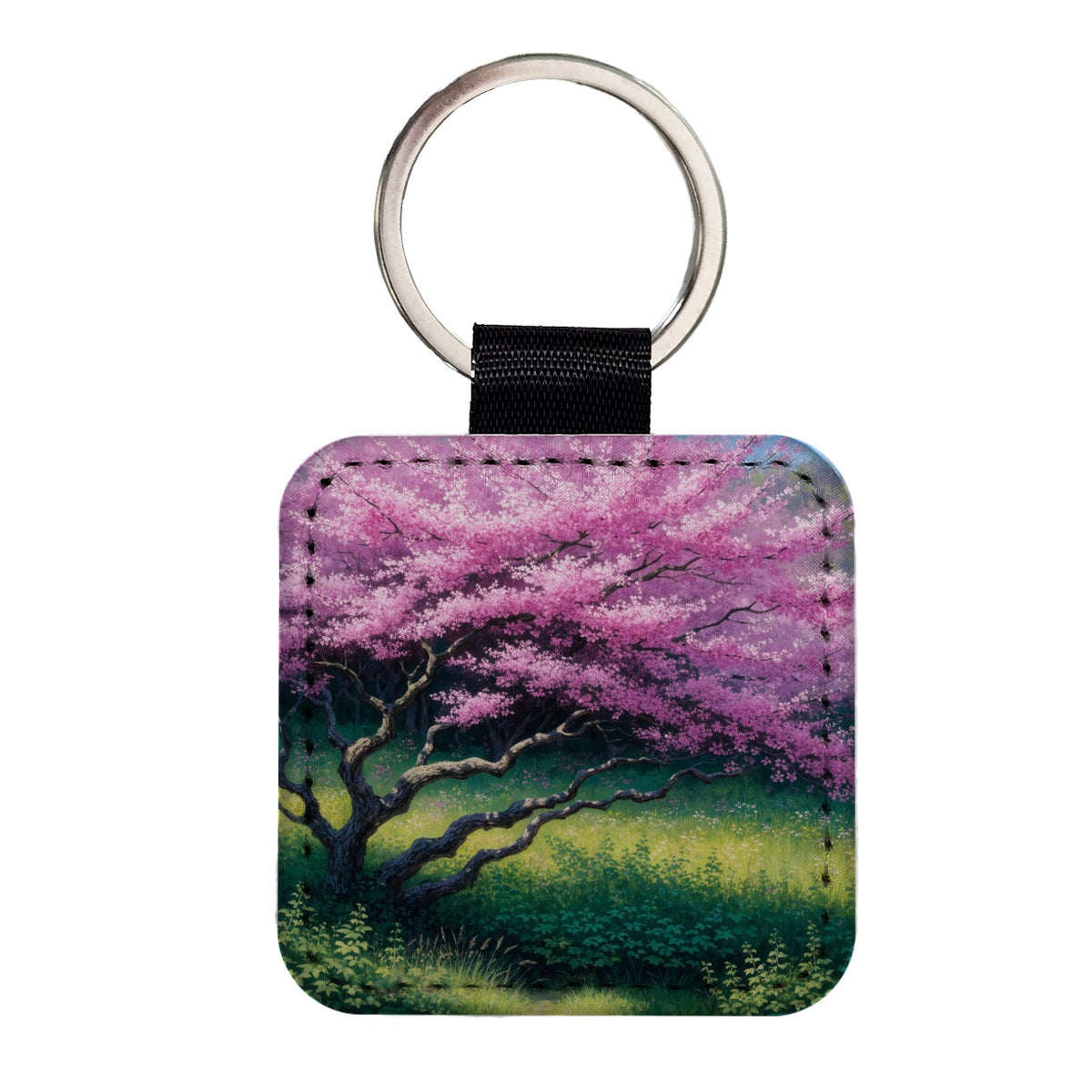 Pink Redbud Spring Tree Square Faux Leather Keychain