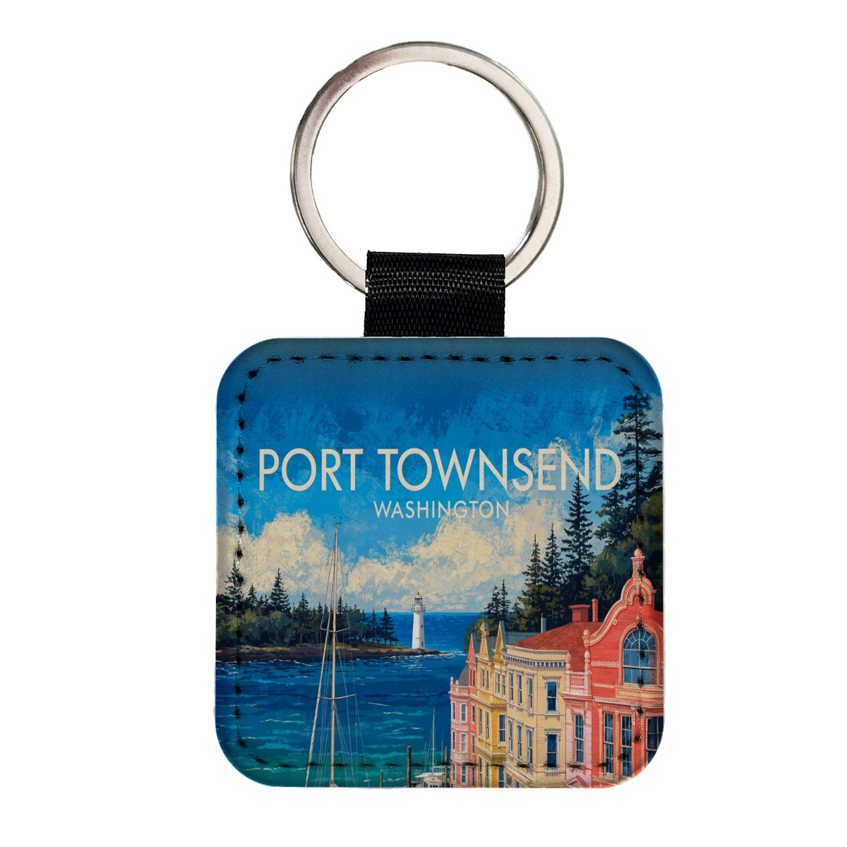 Port Townsend Washington Travel Square Faux Leather Keychain