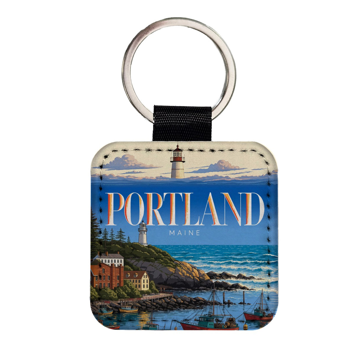 Portland Maine Travel Square Faux Leather Keychain