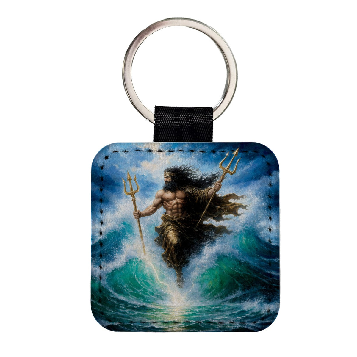 Poseidon Greek Sea God Square Faux Leather Keychain
