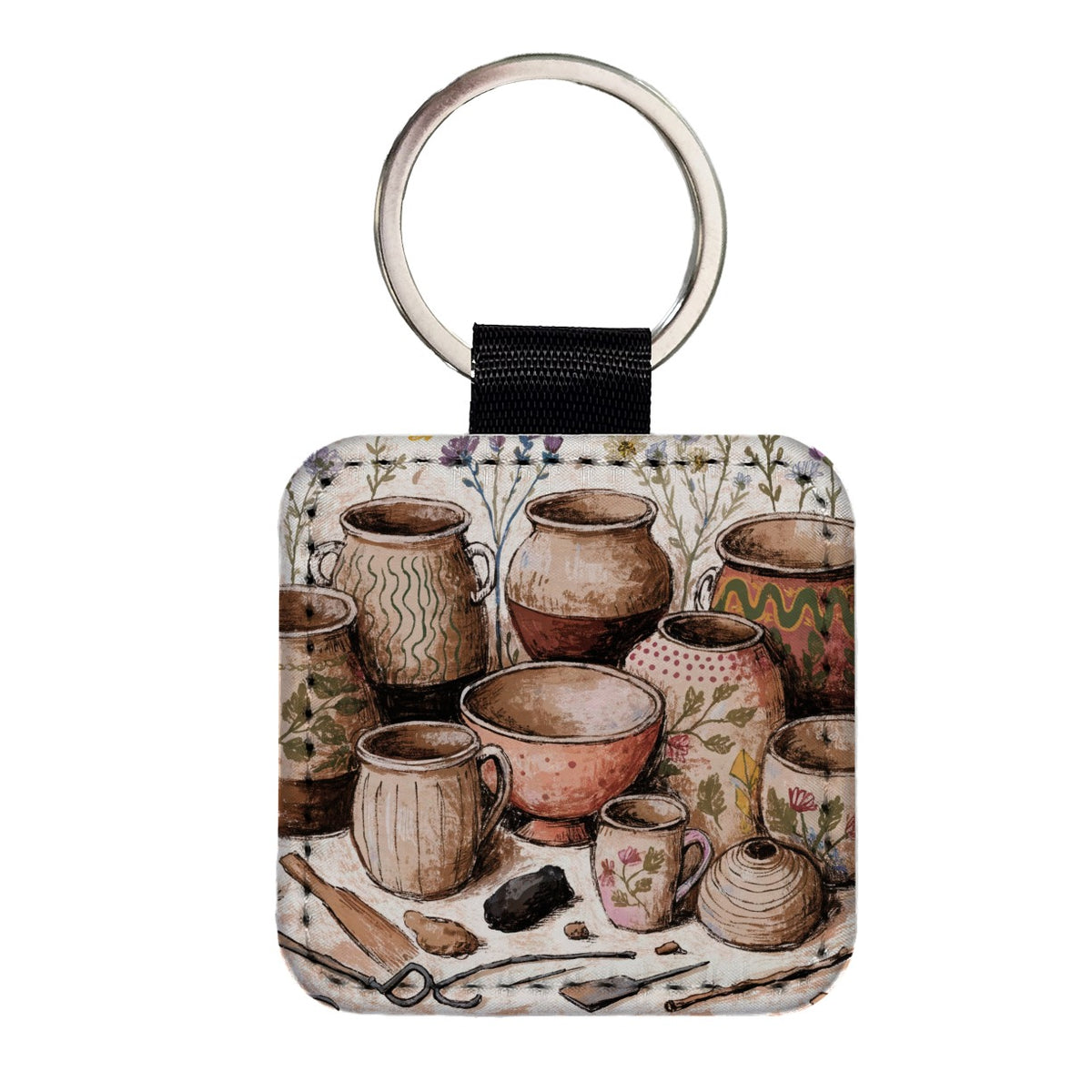 Pottery Ceramics Floral Square Faux Leather Keychain