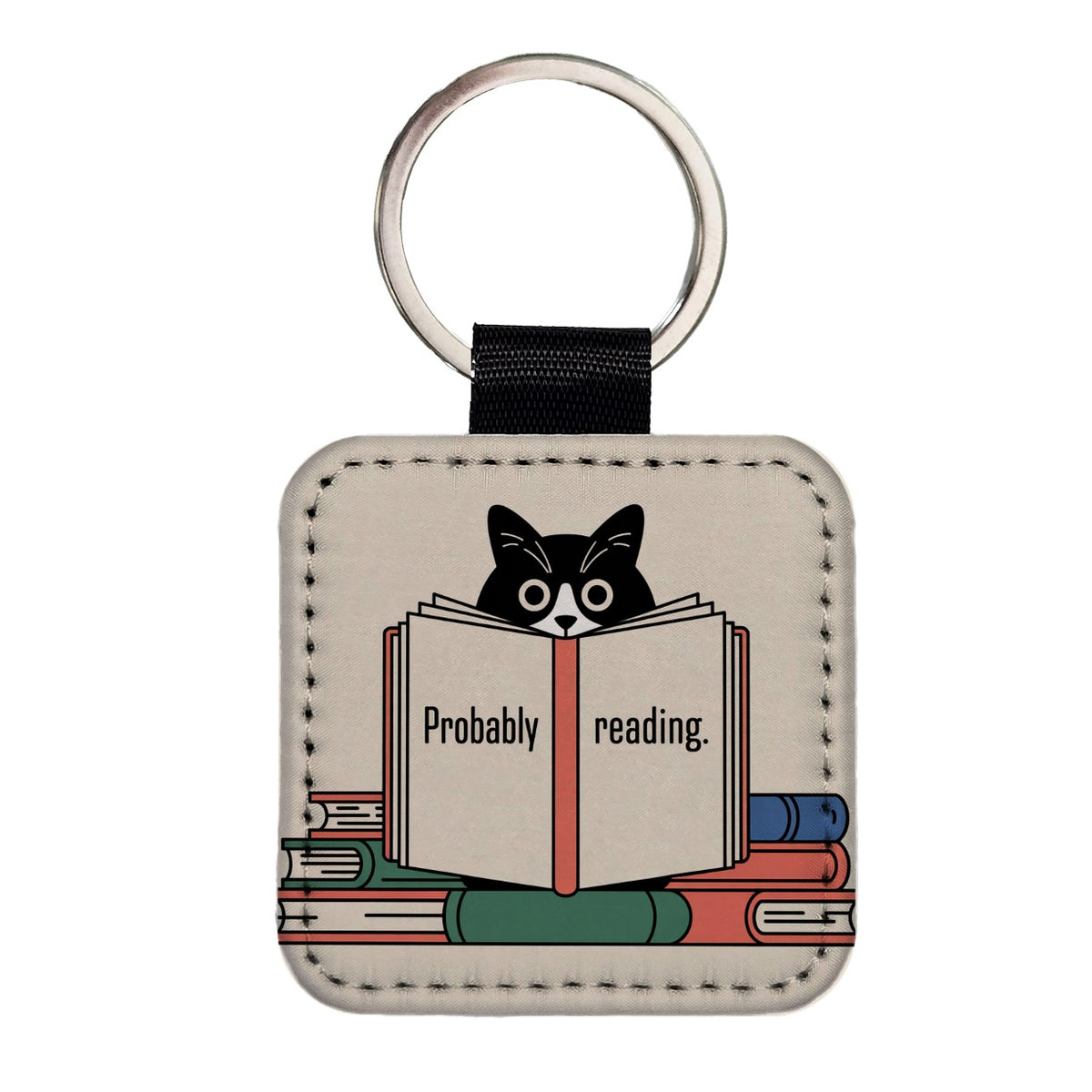 Probably Reading Cat Square Faux Leather Keychain