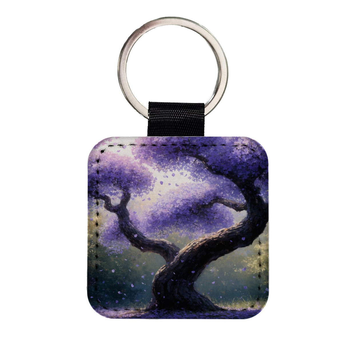 Purple Jacaranda Tree Square Faux Leather Keychain