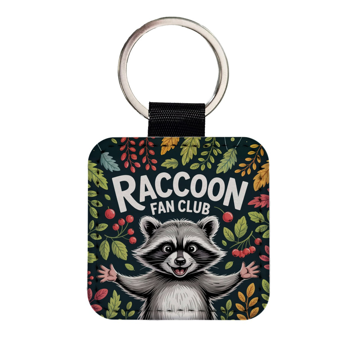 Raccoon Fan Club Mischievous Square Faux Leather Keychain