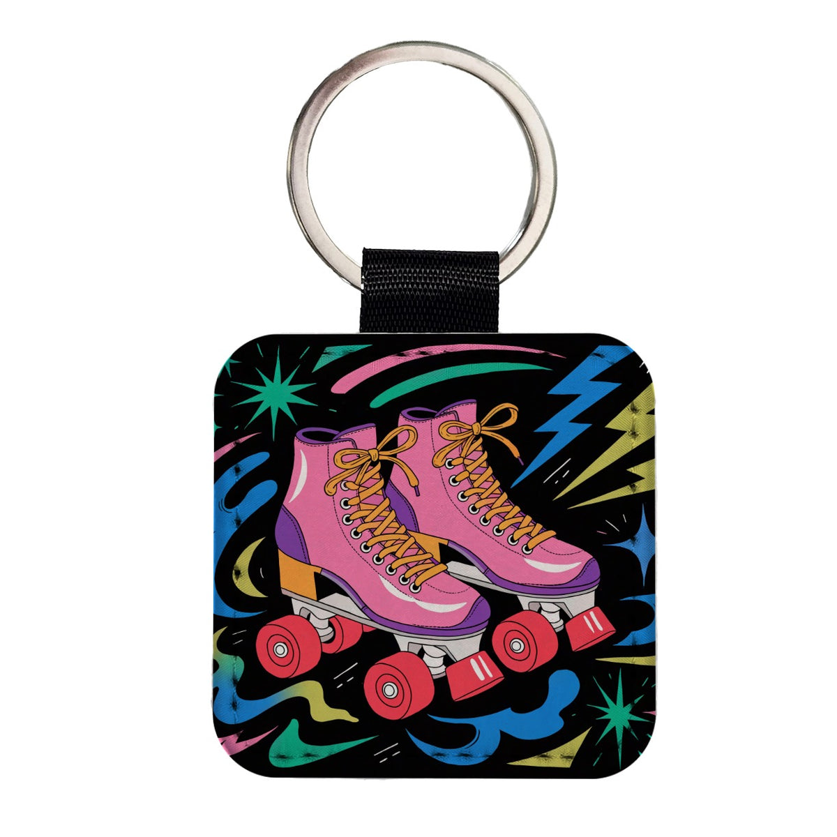 Retro Roller Skates Square Faux Leather Keychain