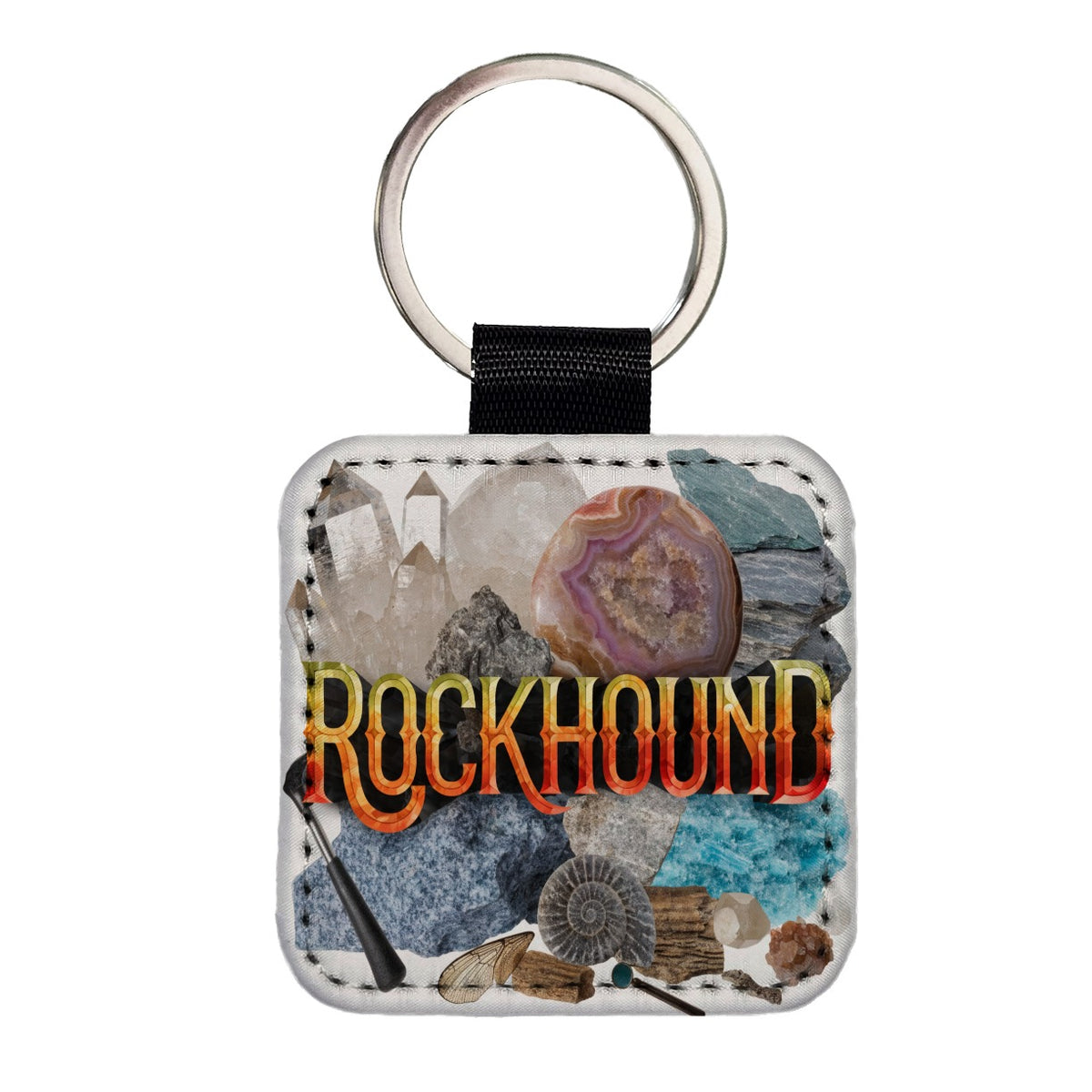 Rockhound Rocks Geodes Square Faux Leather Keychain