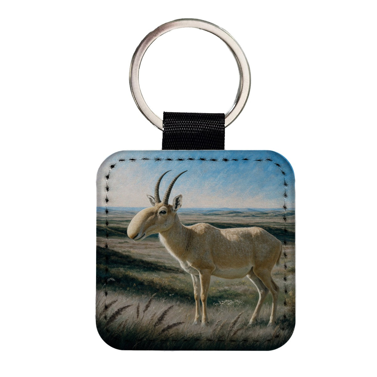Saiga Antelope Steppe Square Faux Leather Keychain
