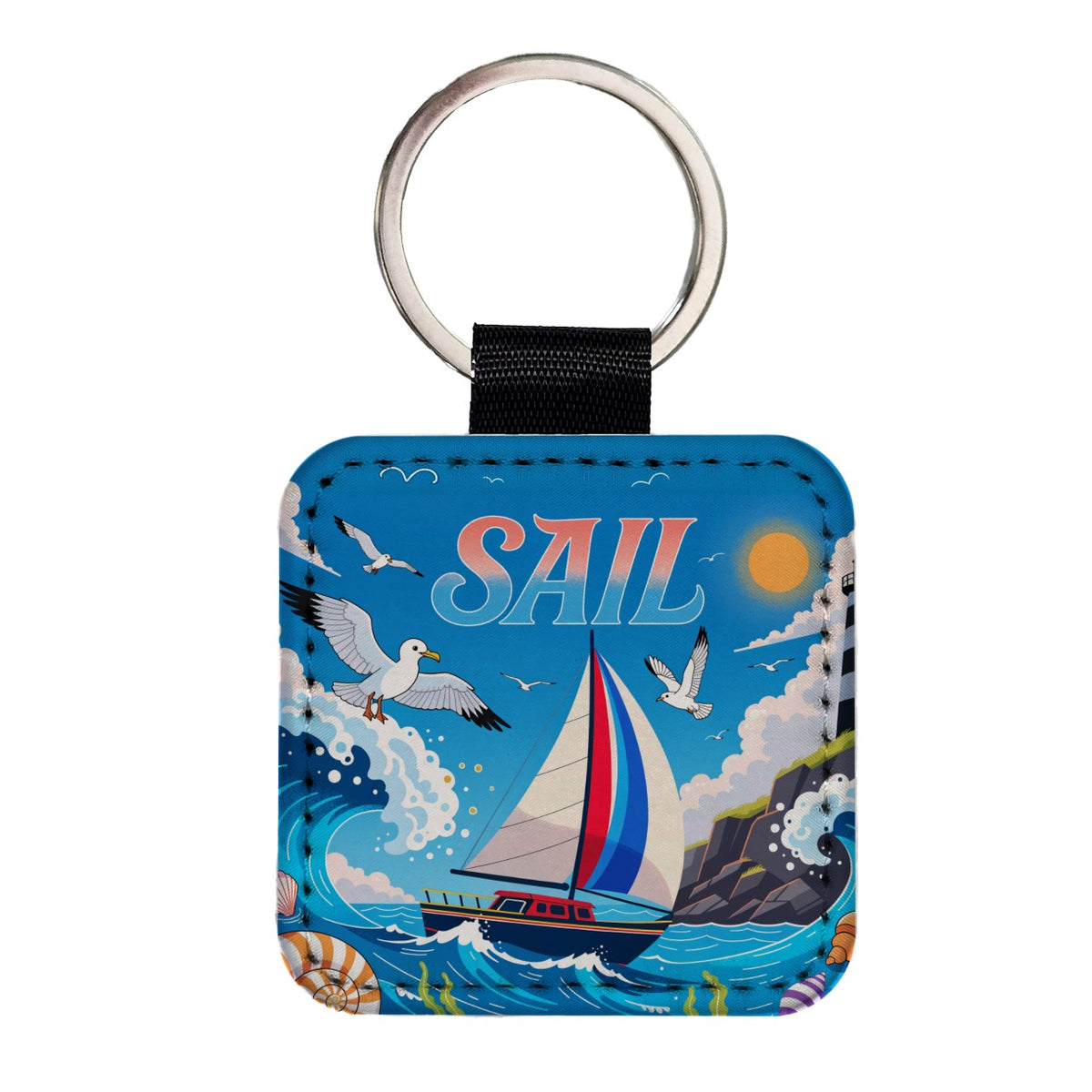 Sail Colorful Sailboat Lighthouse Birds Square Faux Leather Keychain