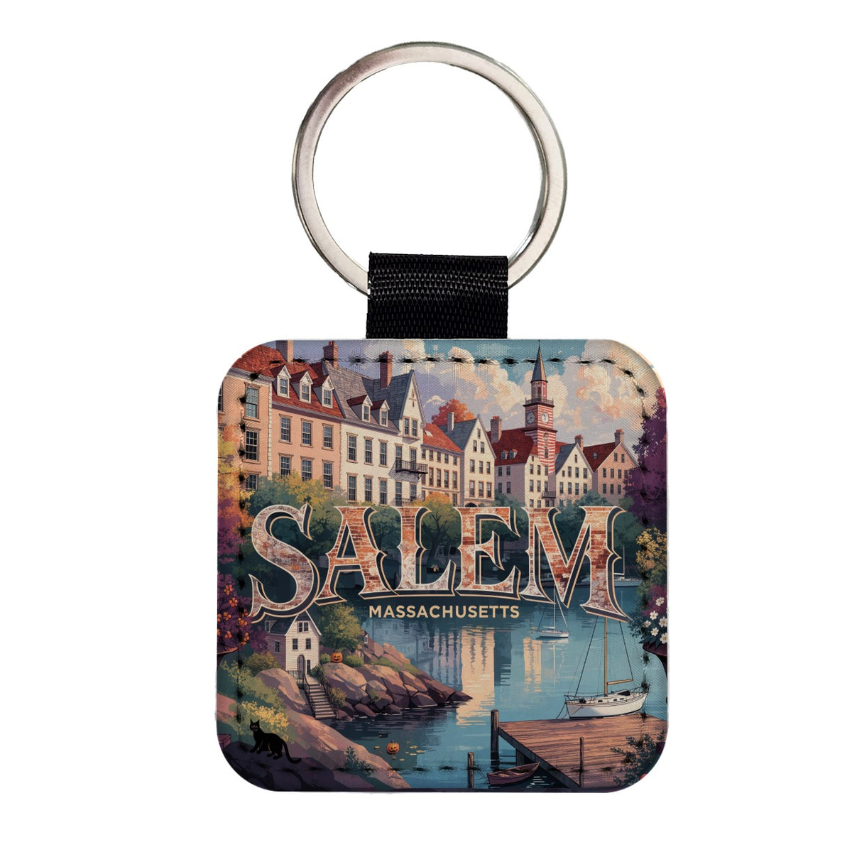 Salem Massachusetts Travel Square Faux Leather Keychain