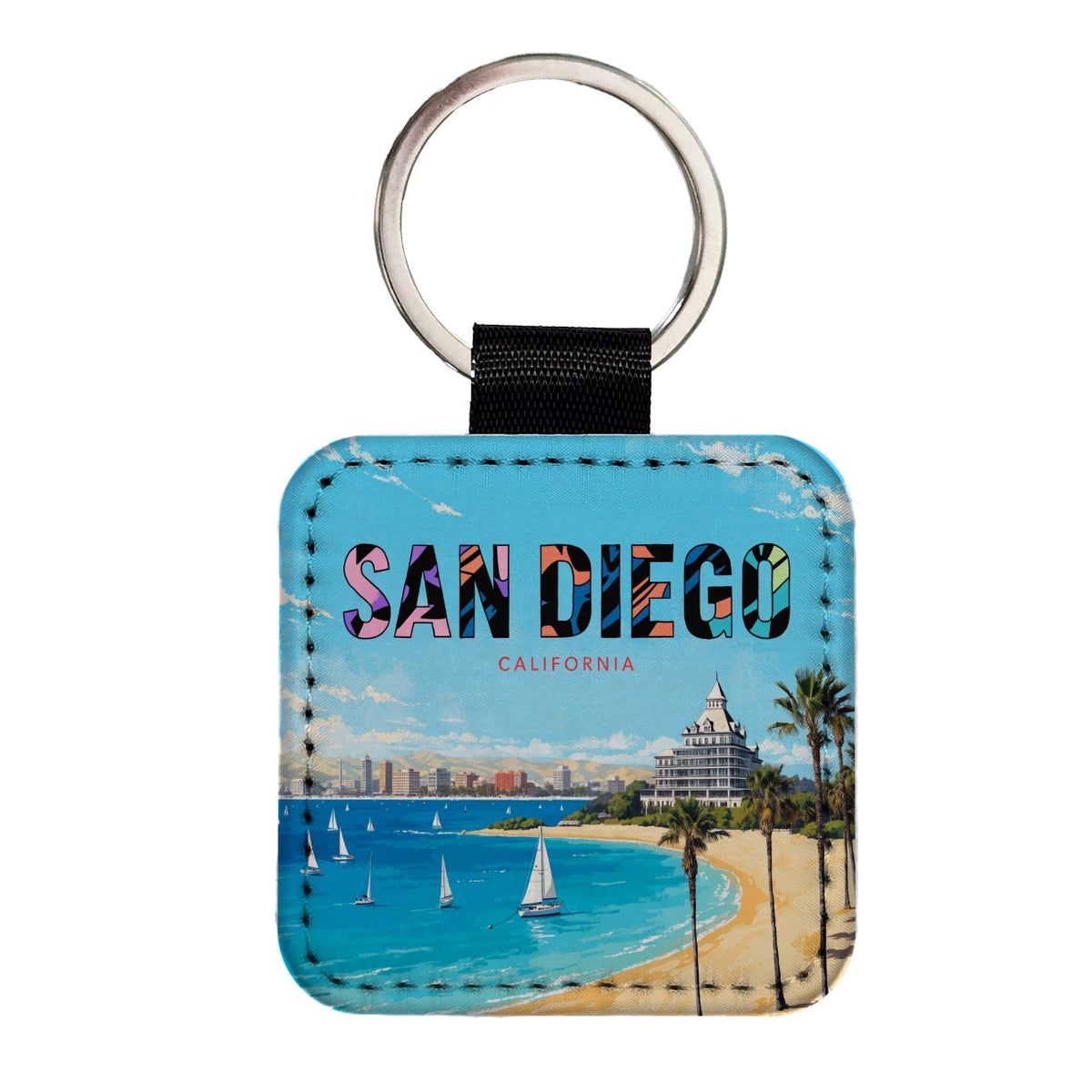 San Diego California Travel Ocean Square Faux Leather Keychain