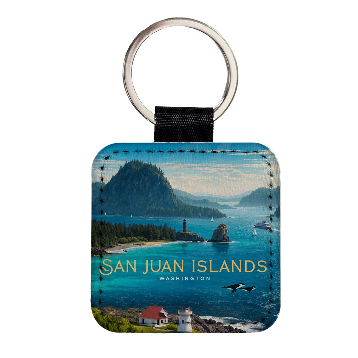 San Juan Islands Washington Travel Square Faux Leather Keychain