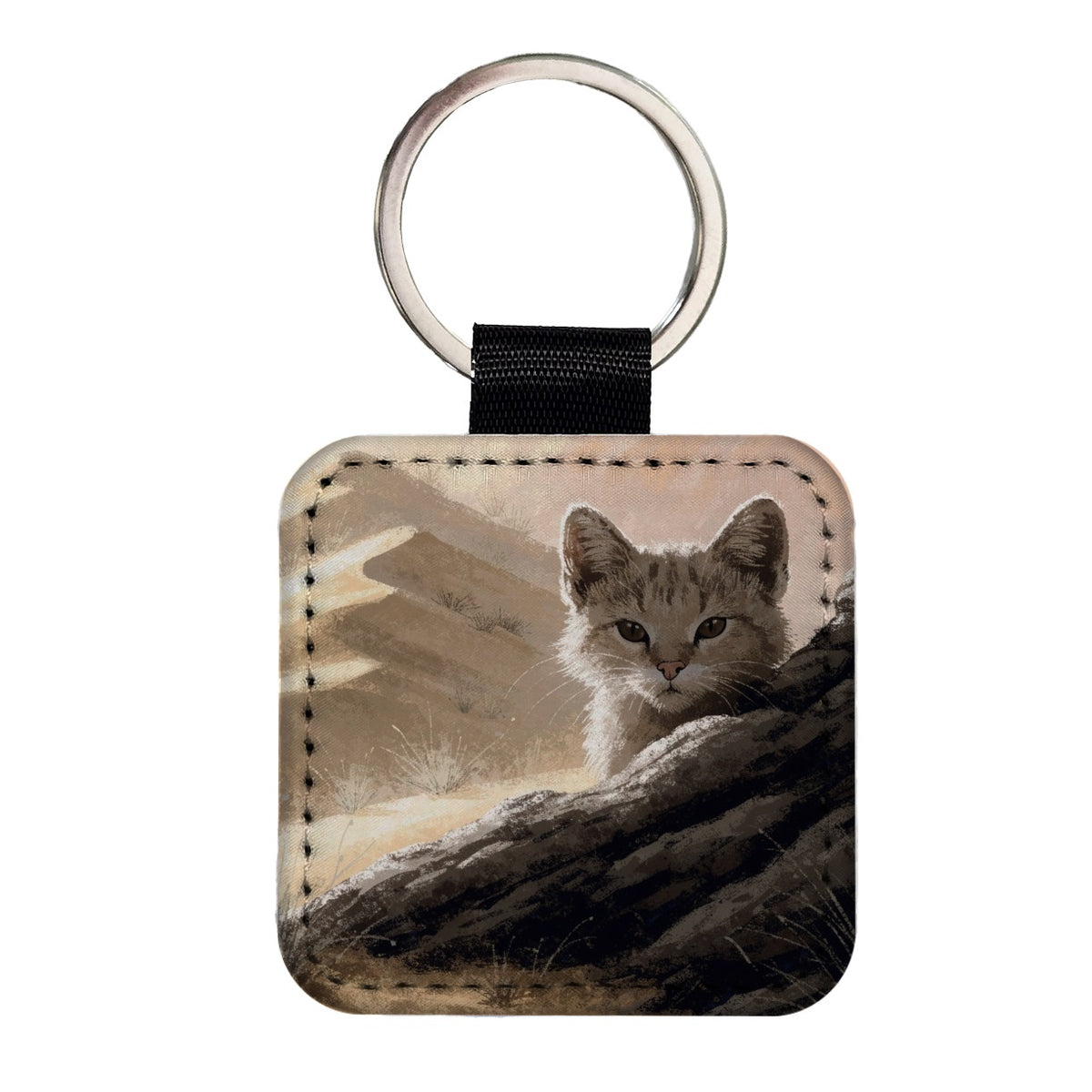 Sand Cat Desert Square Faux Leather Keychain