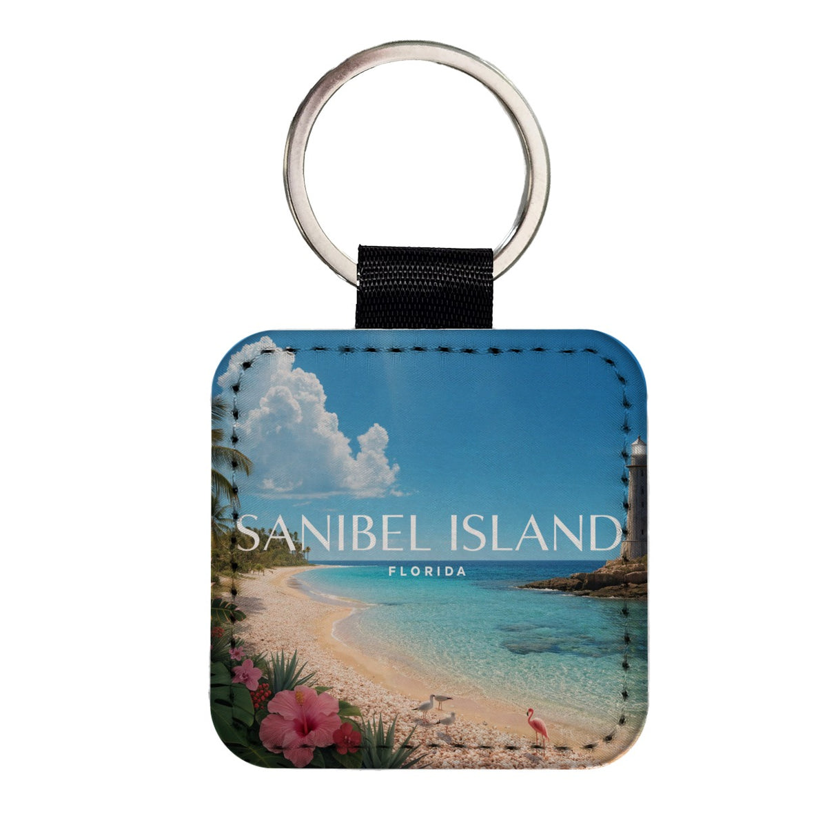 Sanibel Island Florida Travel Square Faux Leather Keychain