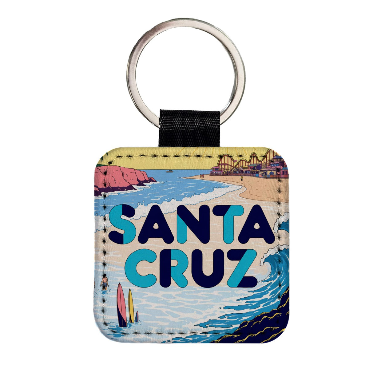 Santa Cruz Beach Travel Square Faux Leather Keychain