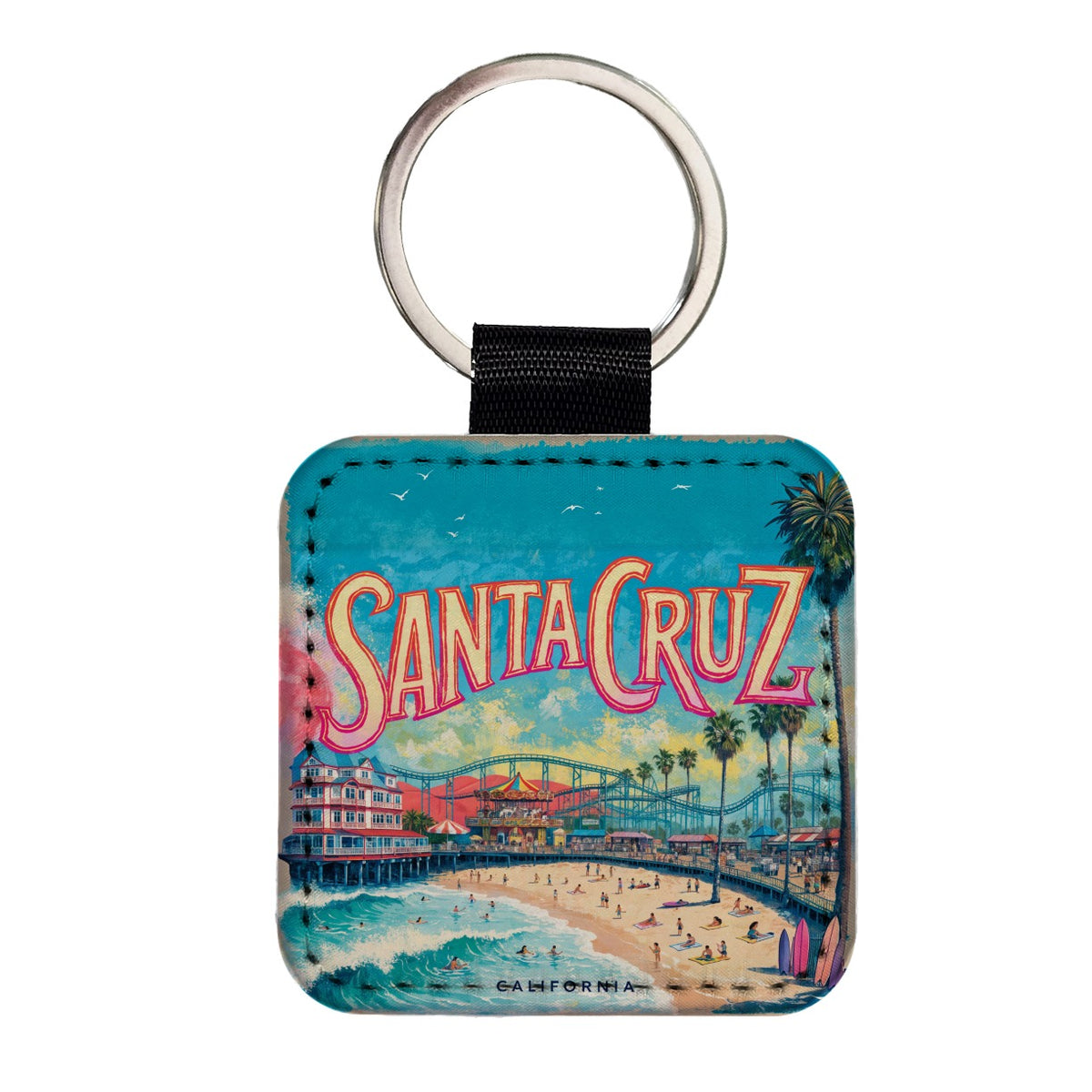 Santa Cruz California Travel Boardwalk Square Faux Leather Keychain