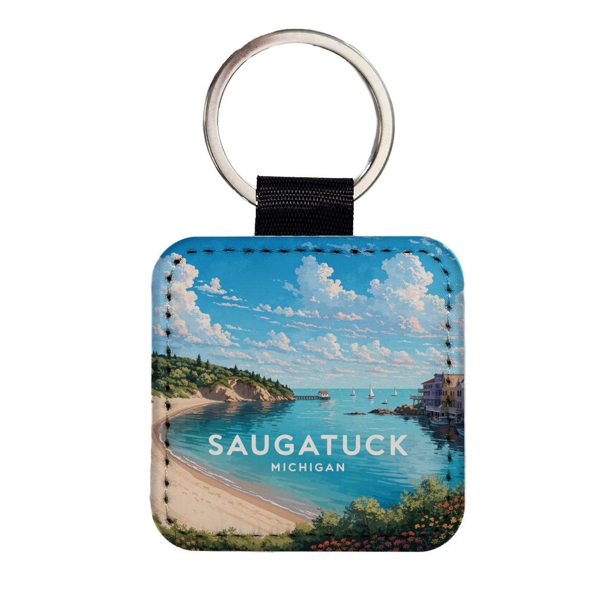 Saugatuck Michigan Travel Square Faux Leather Keychain