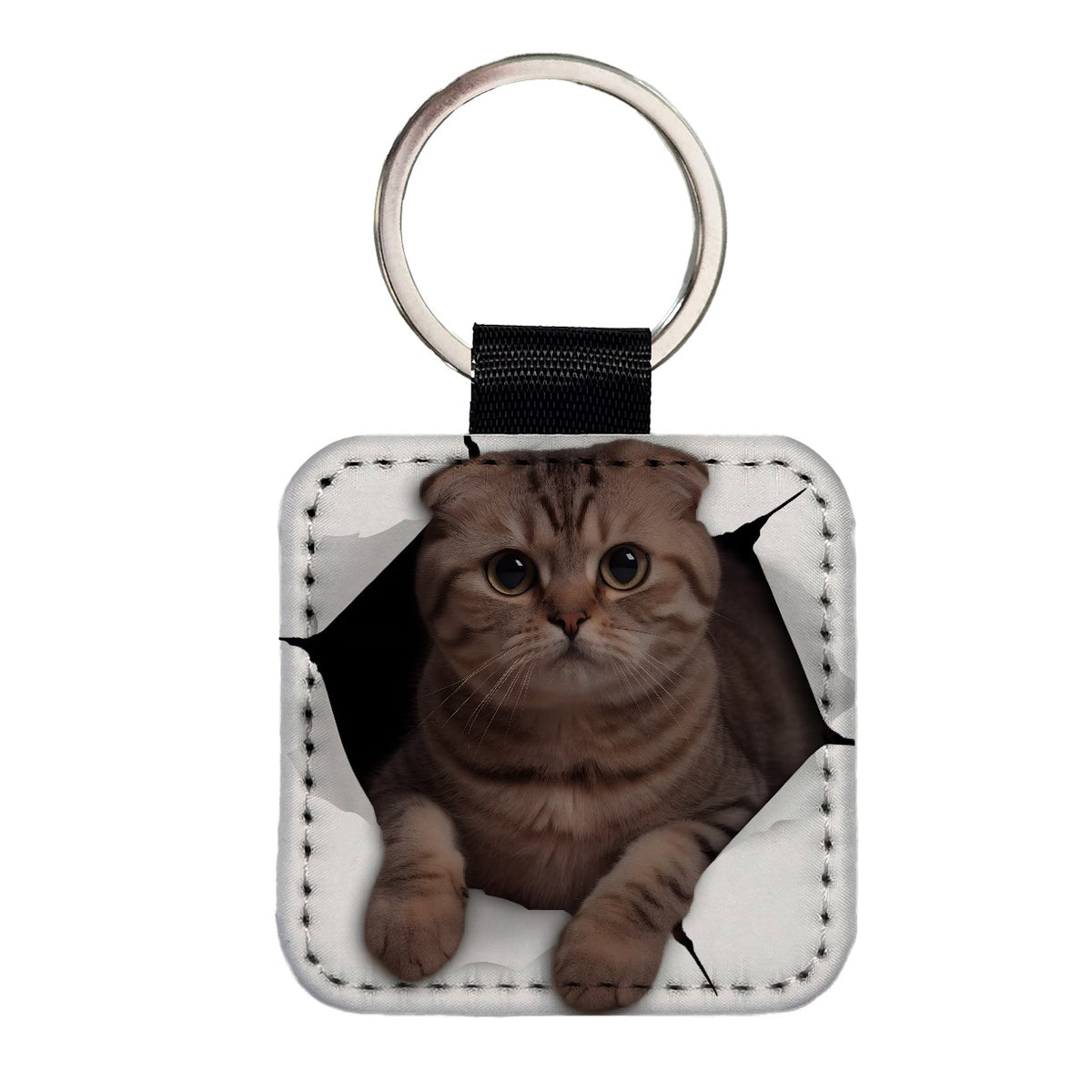 Scottish Fold Breakout Square Faux Leather Keychain