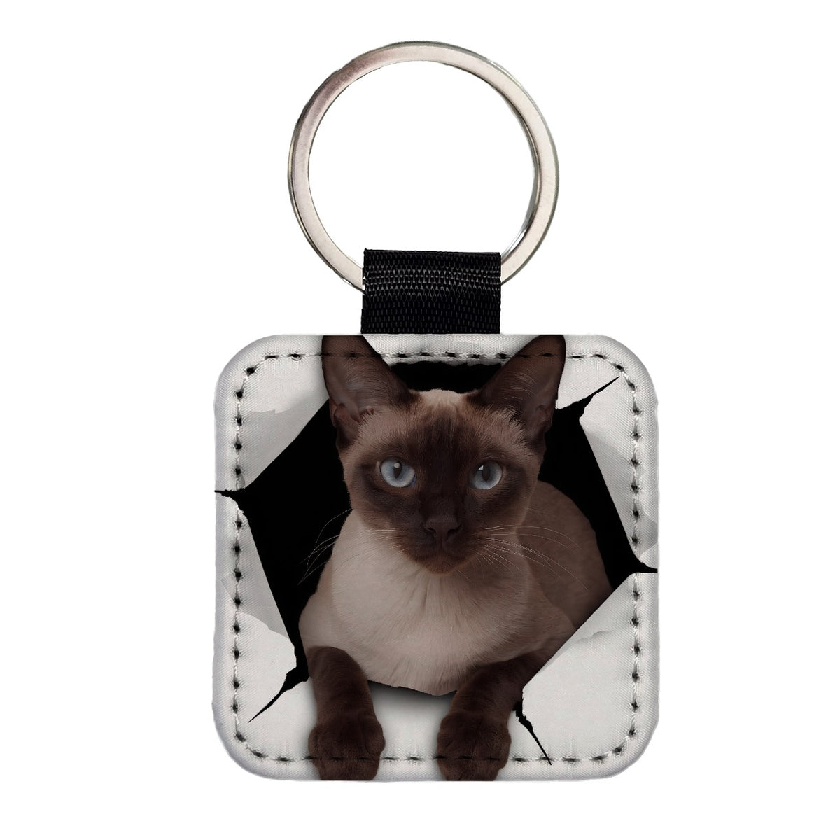 Siamese Cat Breakout Square Faux Leather Keychain