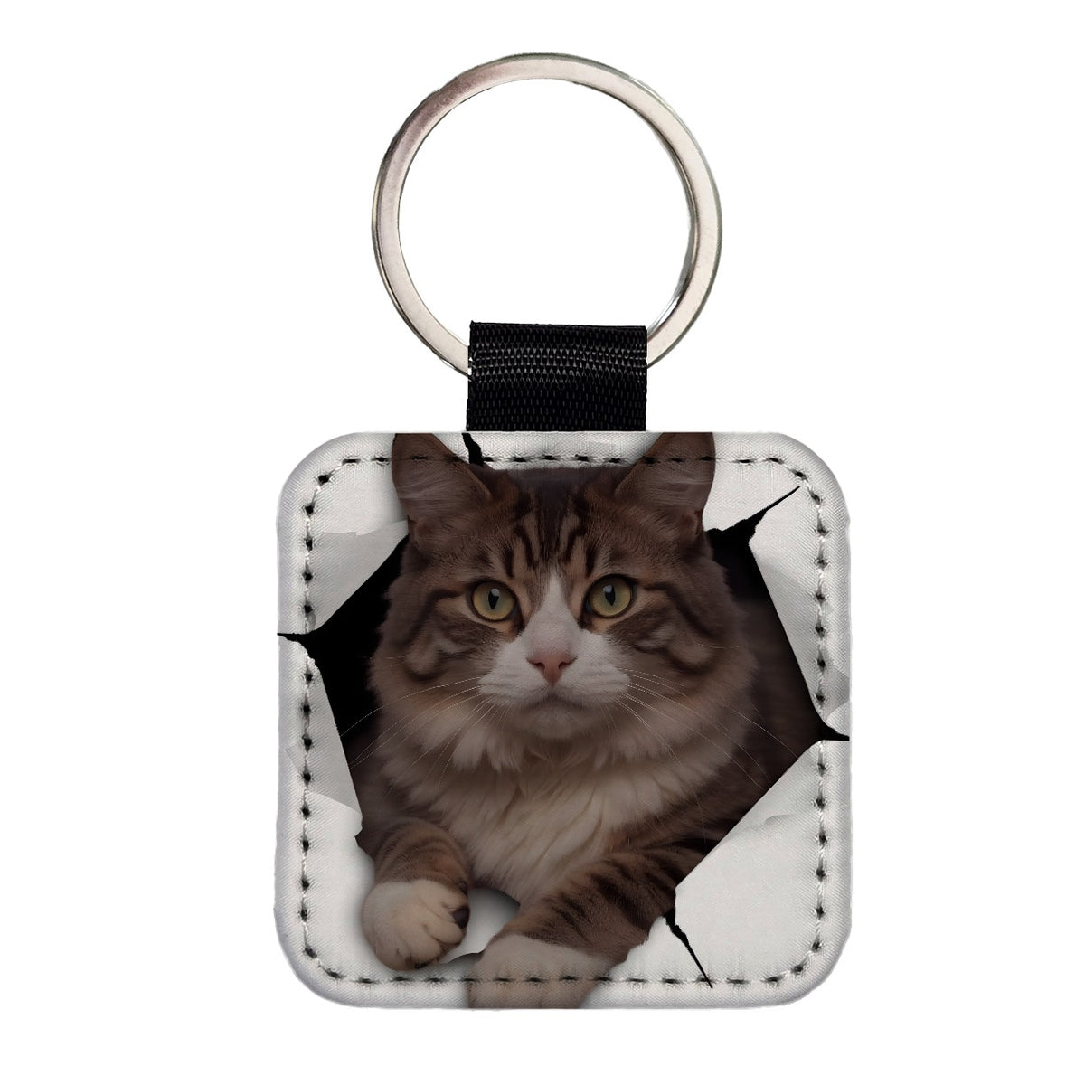 Siberian Cat Breakout Square Faux Leather Keychain