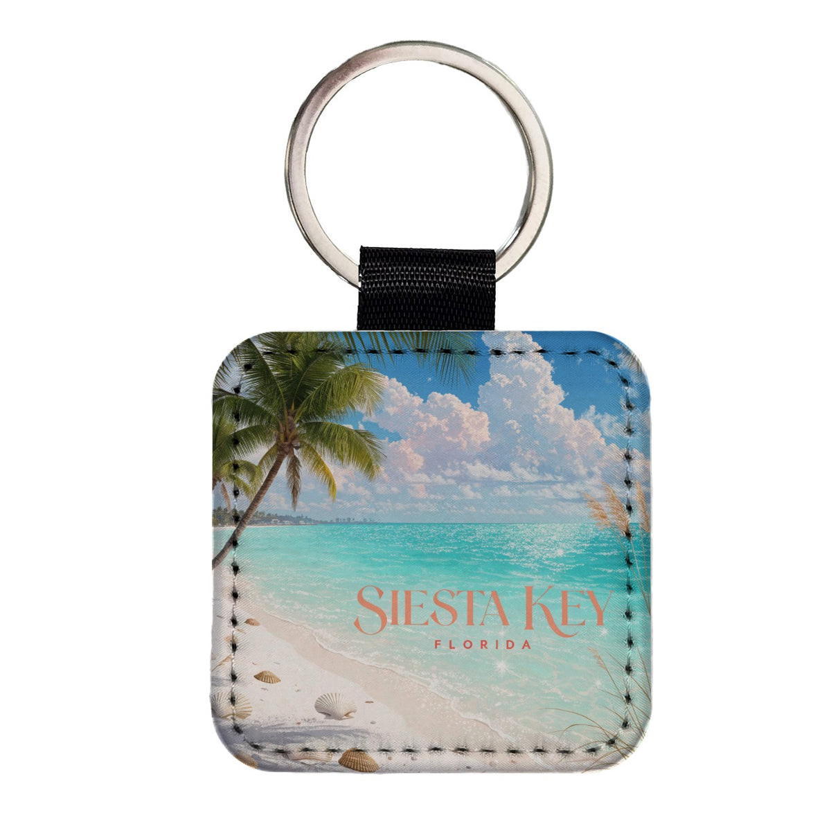 Siesta Key Florida Travel Square Faux Leather Keychain