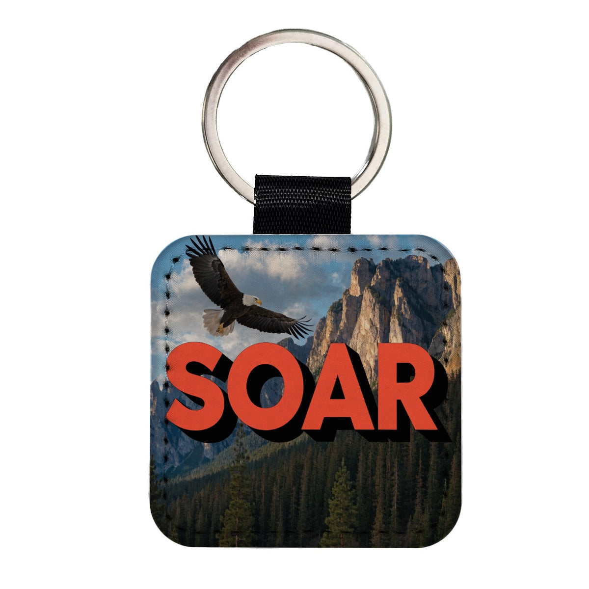 Soar Inspirational Bald Eagle Mountain Square Faux Leather Keychain