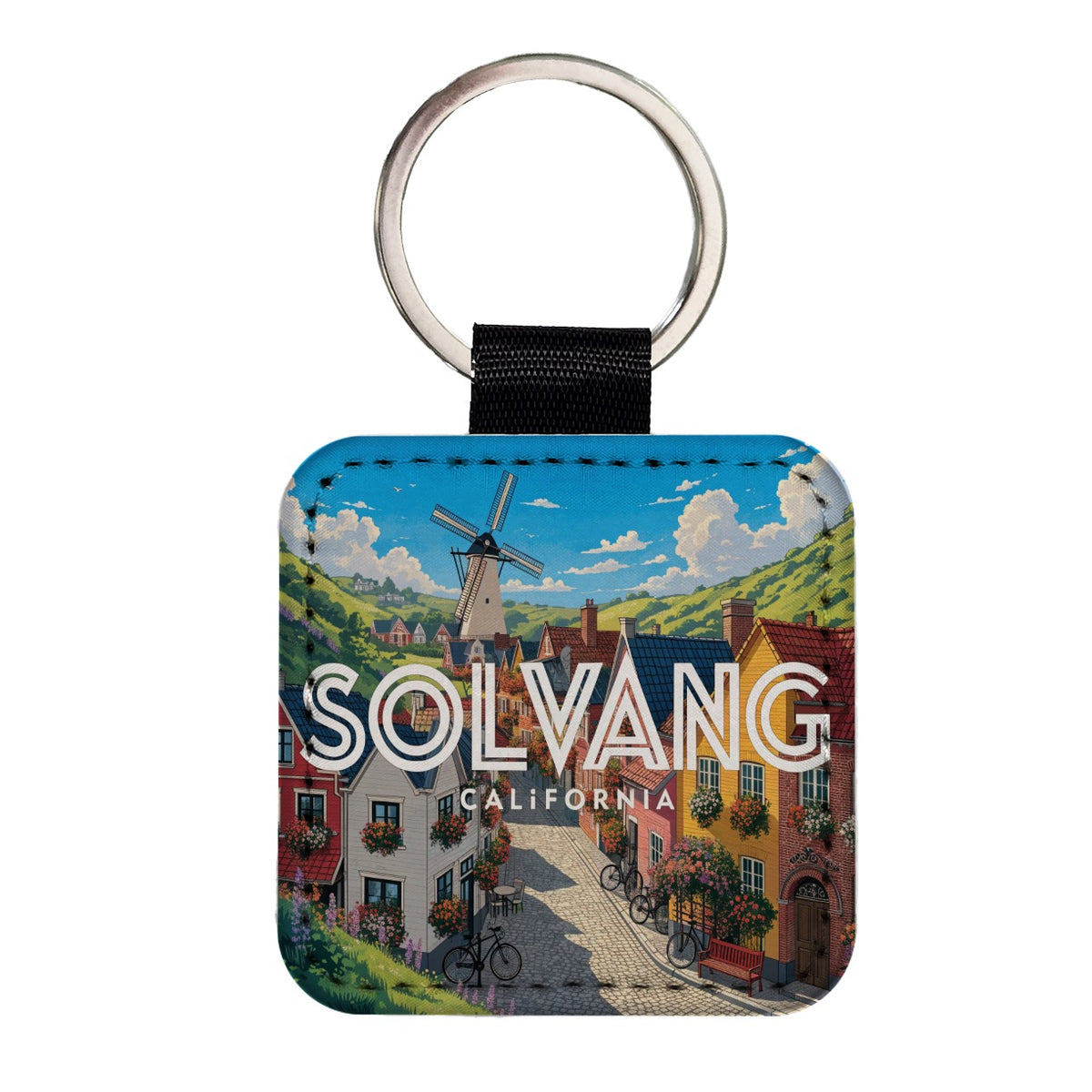 Solvang California Travel Square Faux Leather Keychain