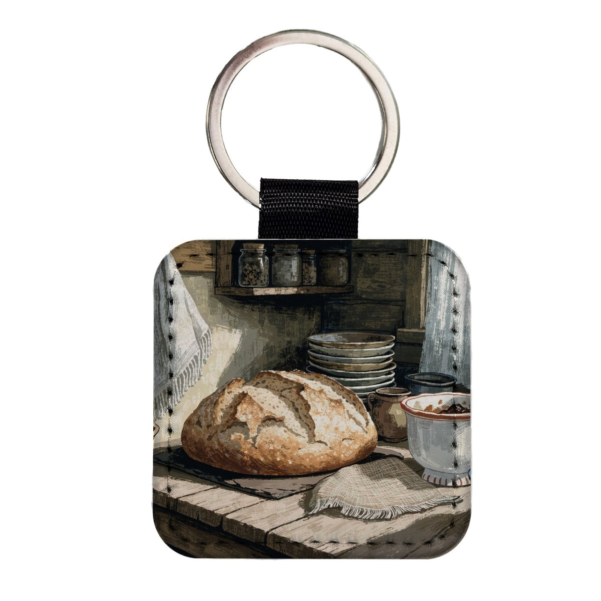 Sourdough Cottage Kitchen Square Faux Leather Keychain