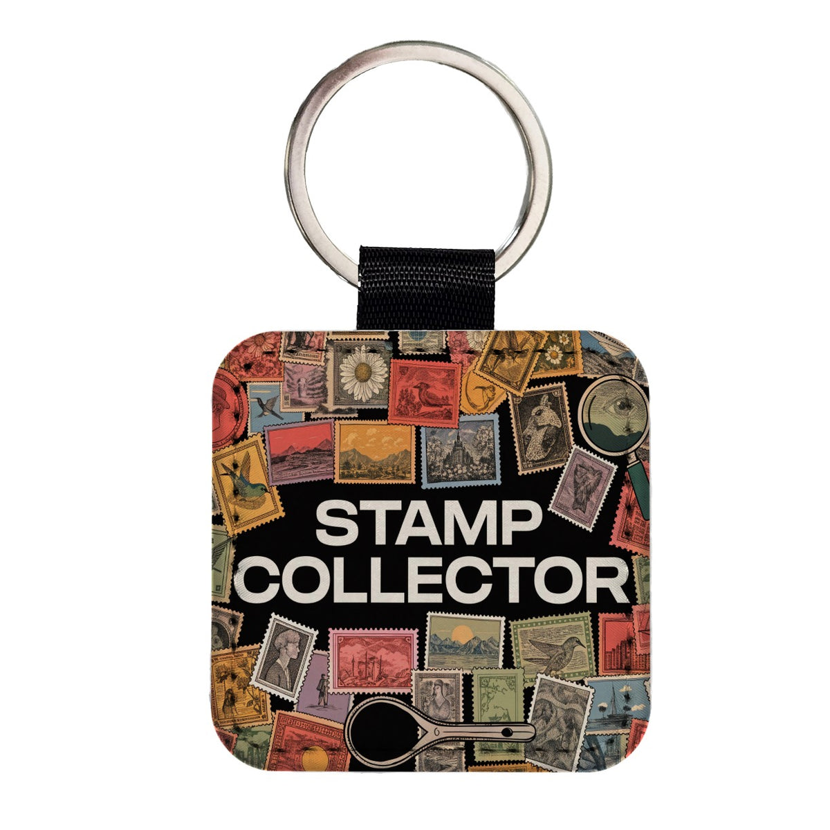 Stamp Collecting Square Faux Leather Keychain