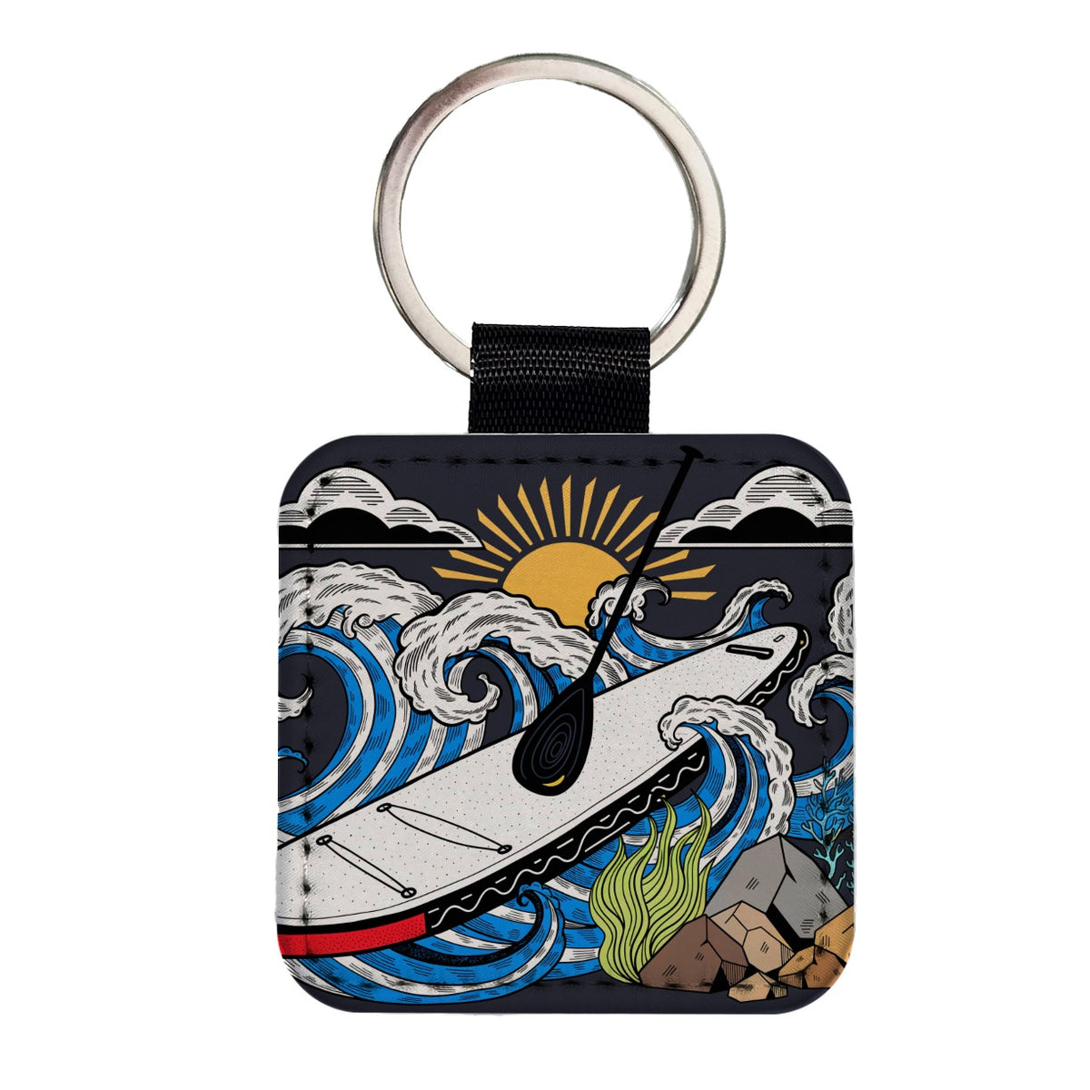 Stand Up Paddleboard Water Sport Square Faux Leather Keychain