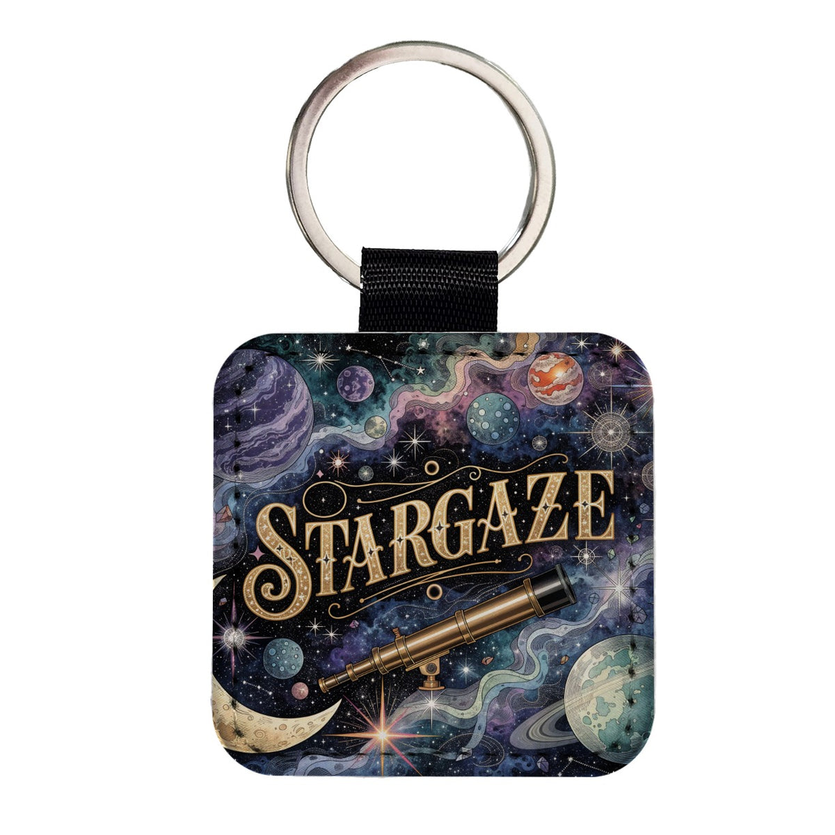 Stargaze Telescope Astronomy Space Square Faux Leather Keychain