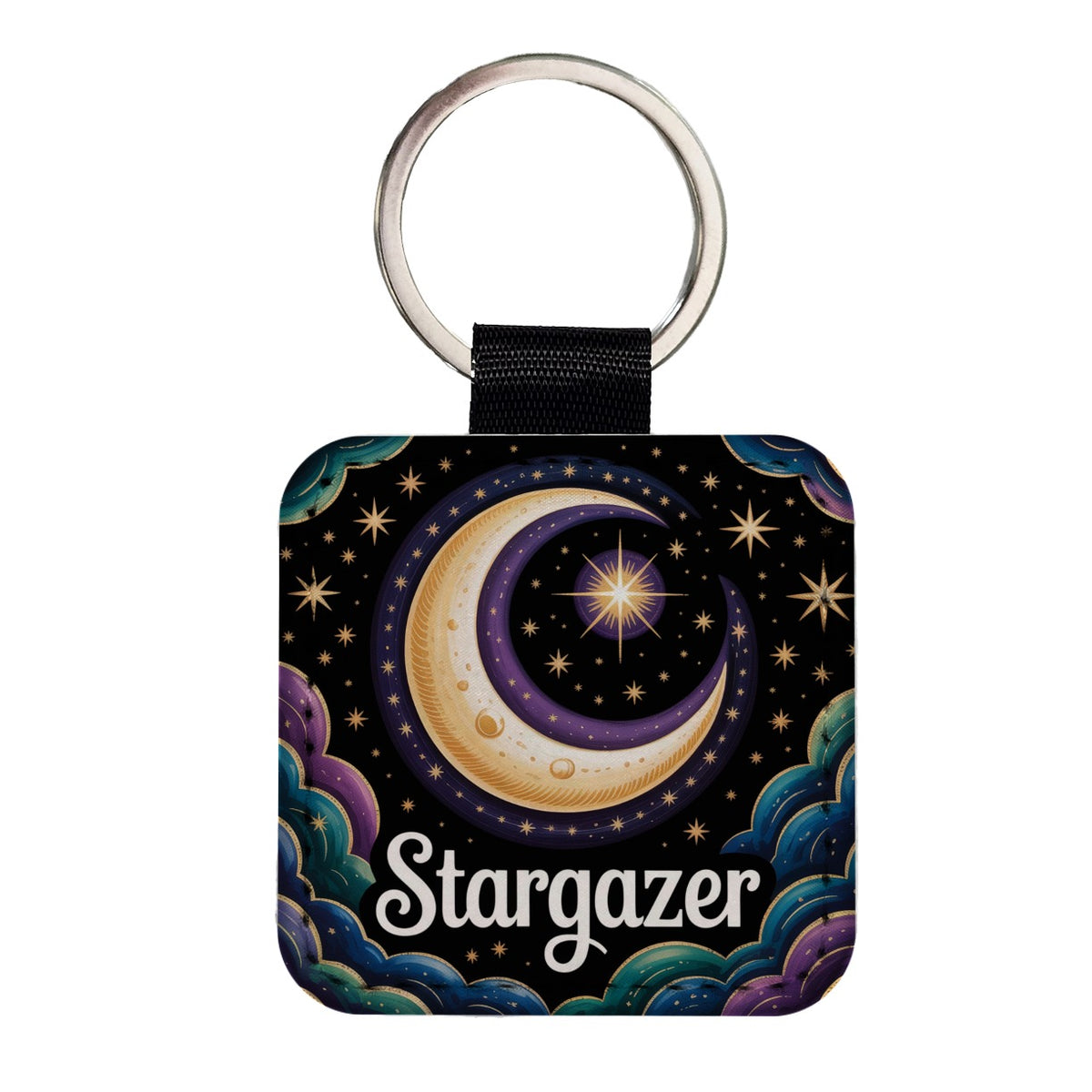 Stargazer Large Crescent Moon Square Faux Leather Keychain