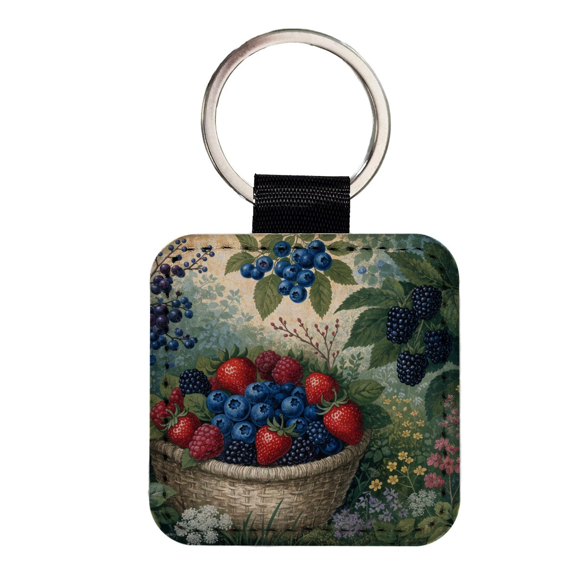 Summer Berry Picking Square Faux Leather Keychain