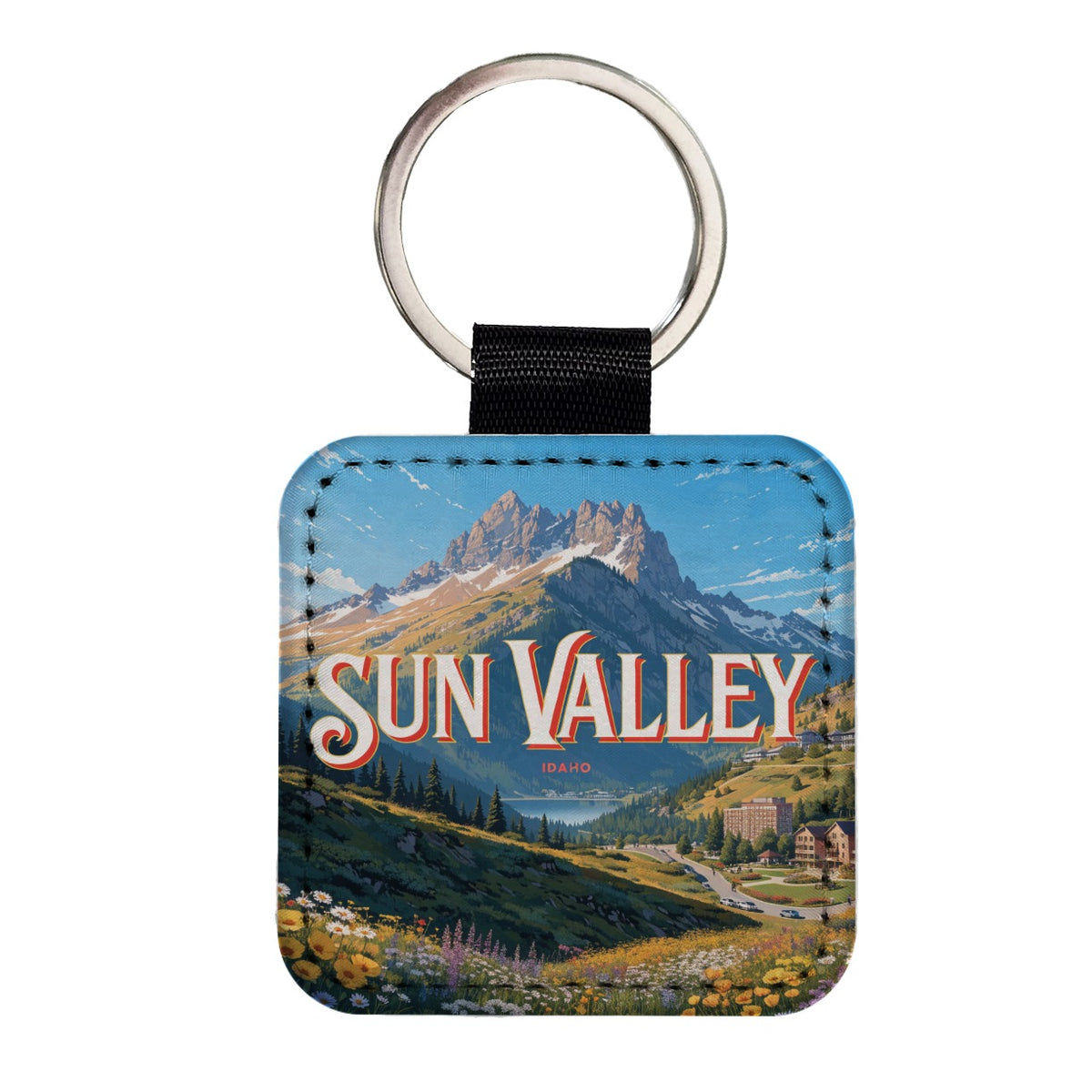 Sun Valley Idaho Travel Square Faux Leather Keychain