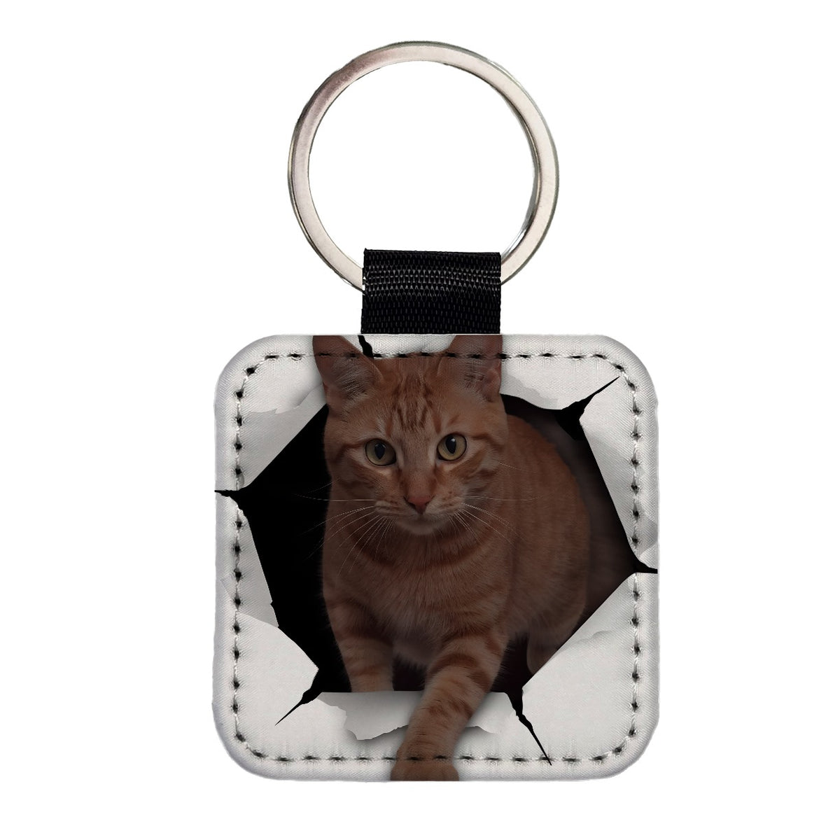 Tabby Orange Cat Breakout Square Faux Leather Keychain
