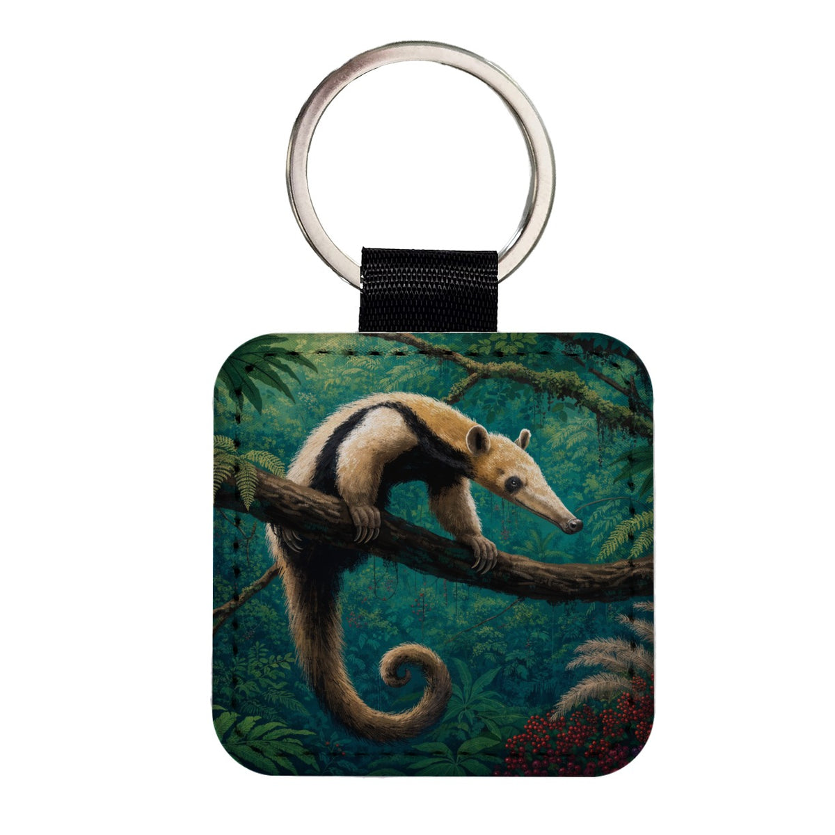 Tamandua Tropical Forest Square Faux Leather Keychain